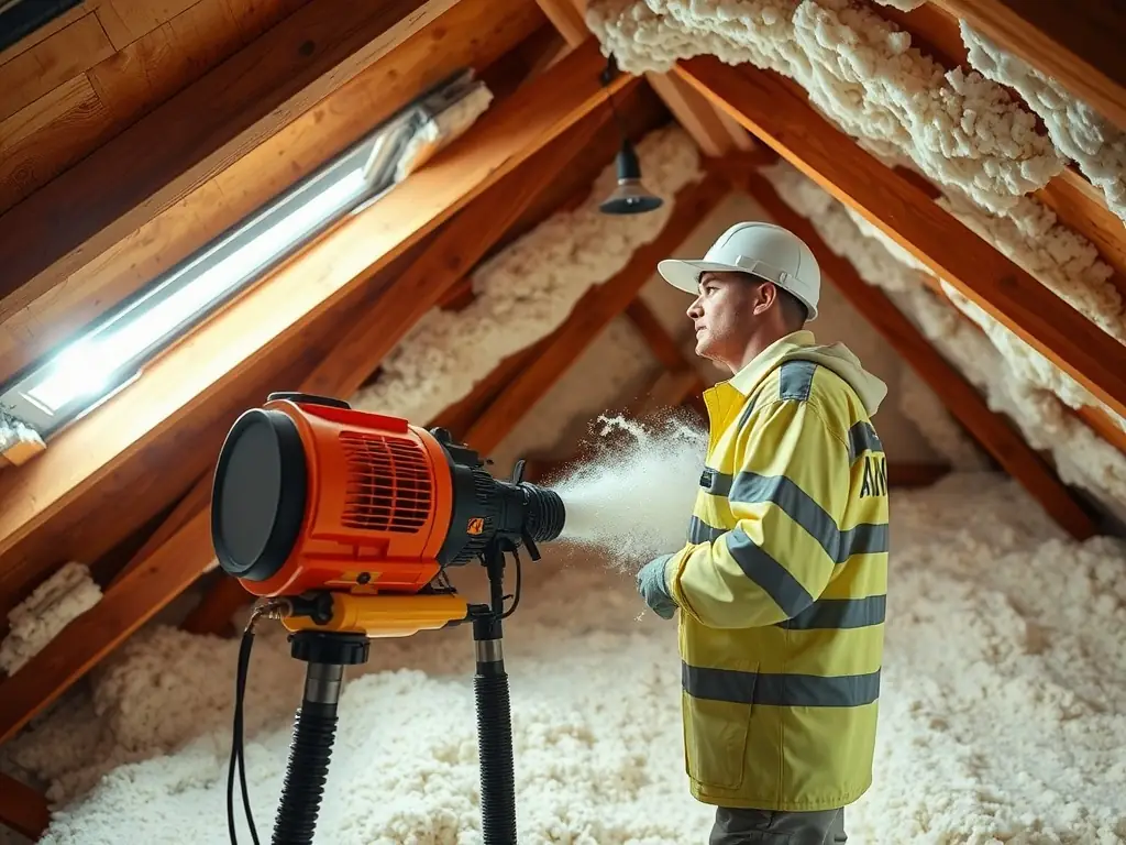 A technician using specialized equipment to extract old insulation from a home, highlighting the thoroughness and cleanliness of the process.