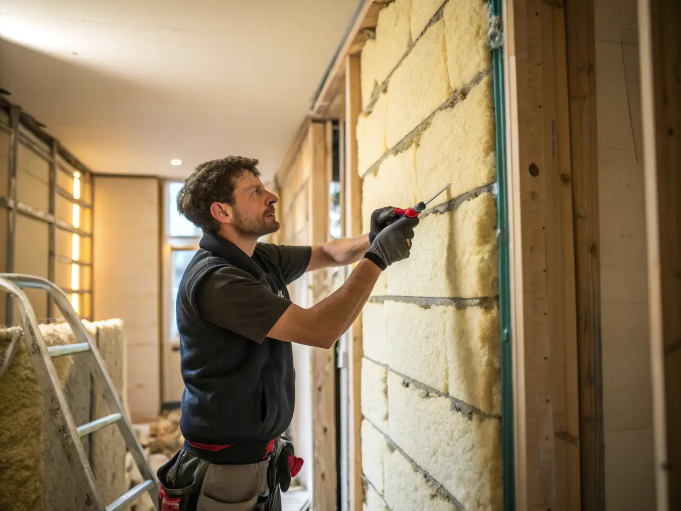 An image showing a technician installing cavity wall insulation in a residential property, ensuring a snug fit and optimal coverage.